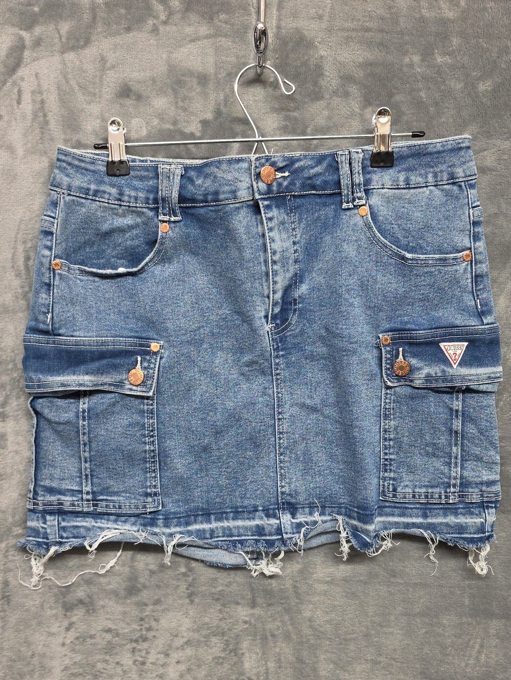 Guess Blue Denim Cargo Mini Skirt with Frayed Hem